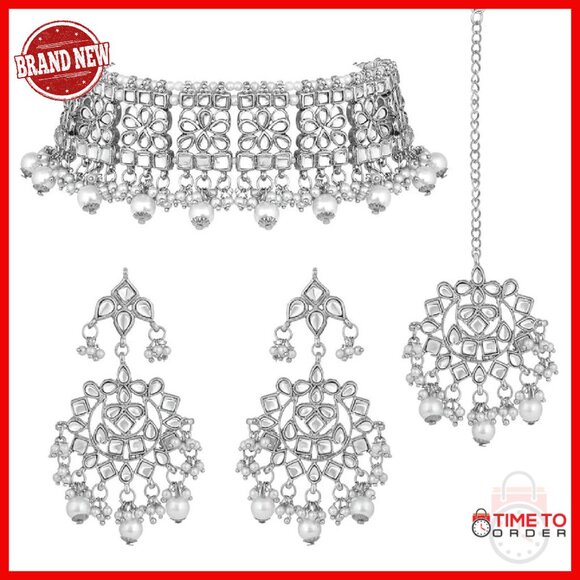 Traditional Kundan Choker Earrings Maang Tikka Set Adjustable Necklace